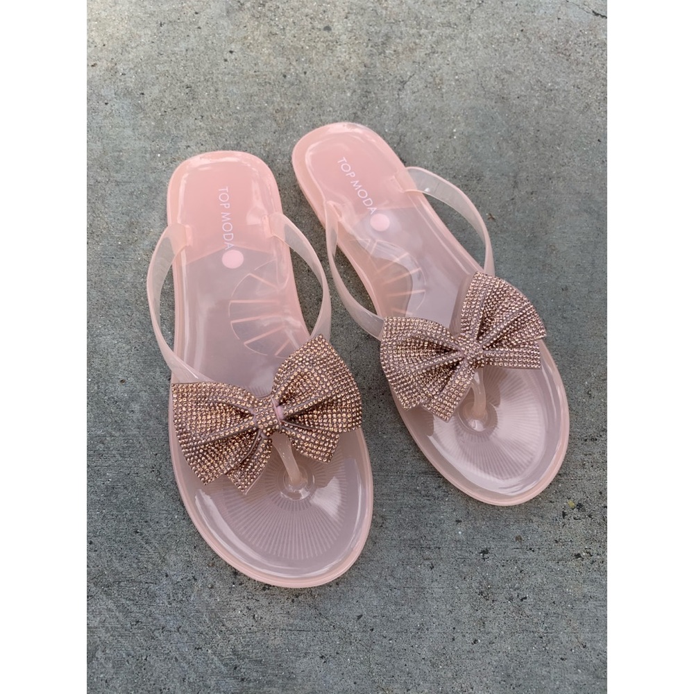 Jelly Gummy PInk Rose Gold Bow Glitter Sandals